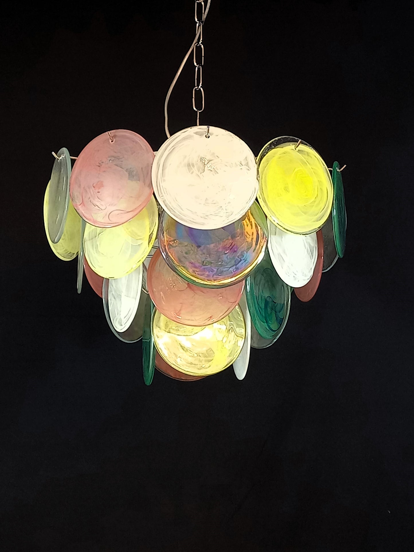 Vintage Murano Alabaster Disc Chandelier, with multicolor Alabaster handmade Disc Glass, made in Murano Italy in y.1981