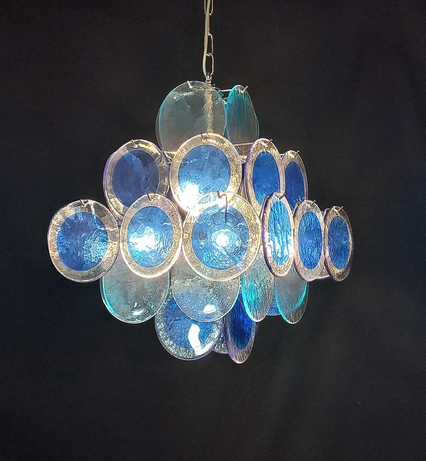 Lampadario Vintage quadrato a vetri dischi. Vetri dischi artigianali in cristallo, made in Murano, Italy