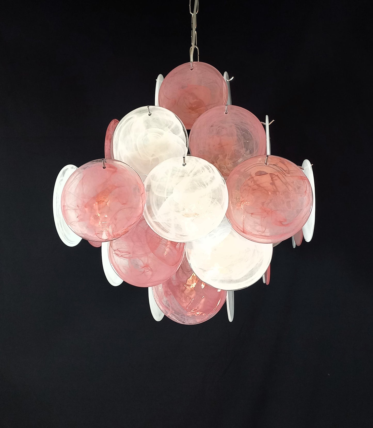 Lampadario Vintage quadrato a vetri dischi. Vetri dischi artigianali in alabastro, made in Murano, Italy