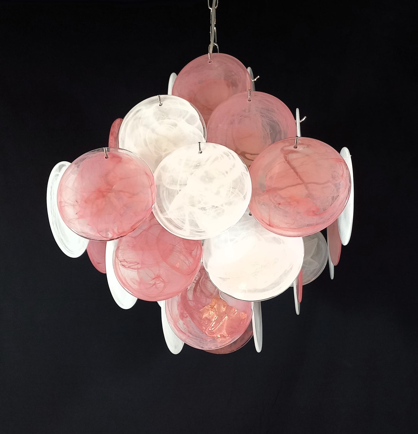 Lampadario Vintage quadrato a vetri dischi. Vetri dischi artigianali in alabastro, made in Murano, Italy