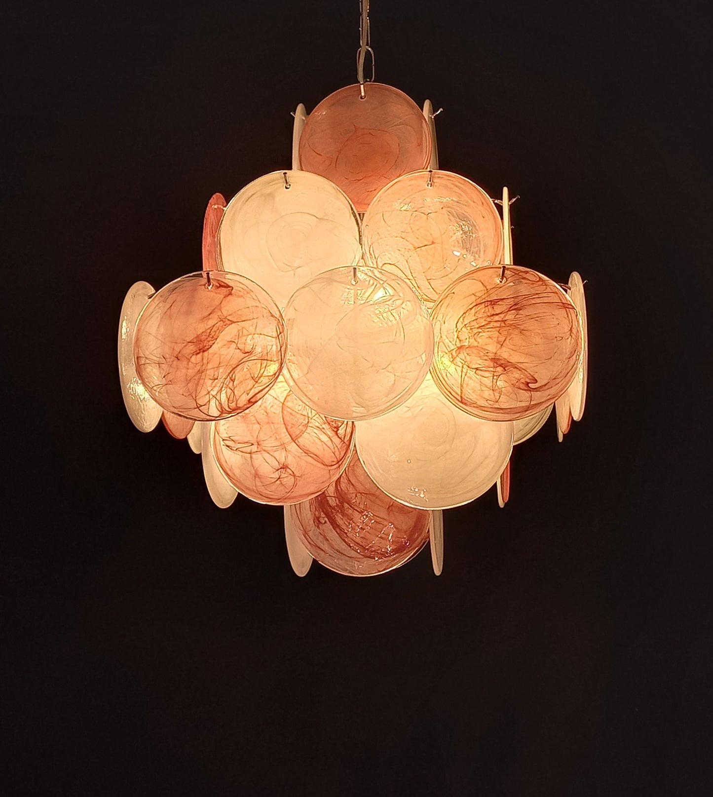 Lampadario Vintage quadrato a vetri dischi. Vetri dischi artigianali in alabastro, made in Murano, Italy
