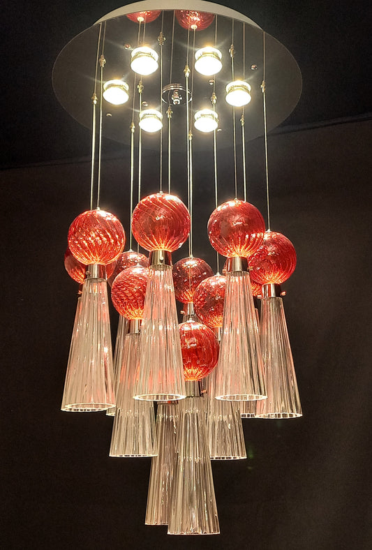 Imperiale Lampadario plafoniera a Led, con vetri di Murano fatti a mano. Regolabile. Made in Murano, Italy.