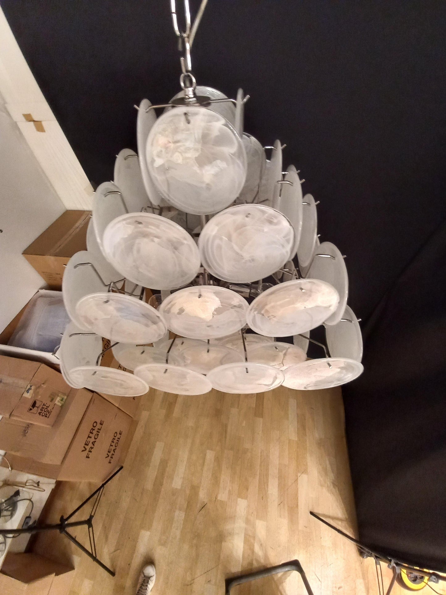 Vintage Murano Disc Chandelier with Alabaster White Disc Glass from Mazzega, Venice, Italy, 1981